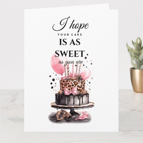 Birthday cake leopard print pink balloon card