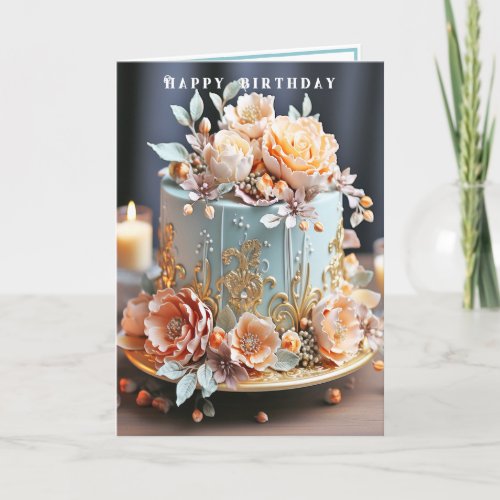 Birthday Cake Light Blue Peach Gold Filigree Card
