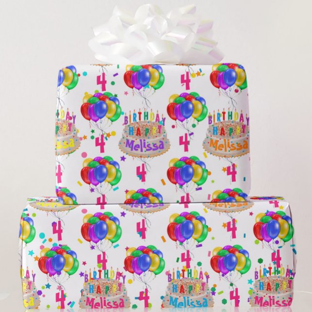 Birthday Cake NAME Balloons Personalize AGE Roll Wrapping Paper (Creator Uploaded)