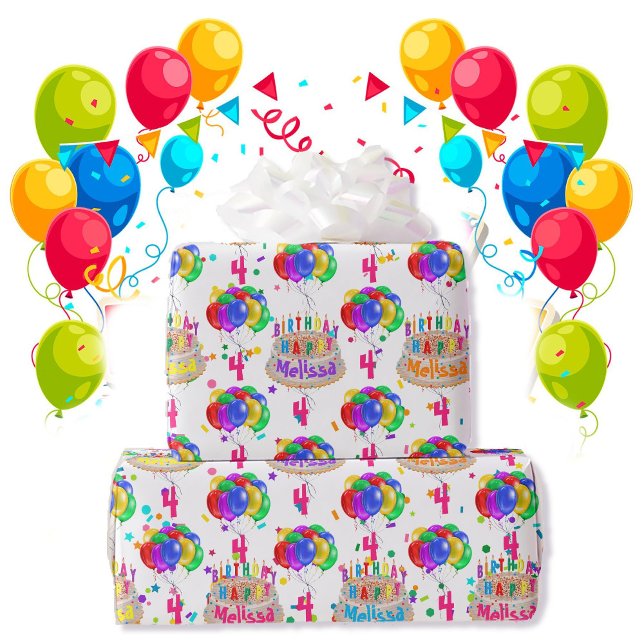 Birthday Cake NAME Balloons Personalize AGE Roll Wrapping Paper (Creator Uploaded)