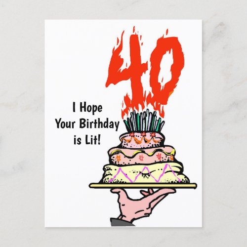 Birthday Cake on Fire with 40 Candles Postcard
