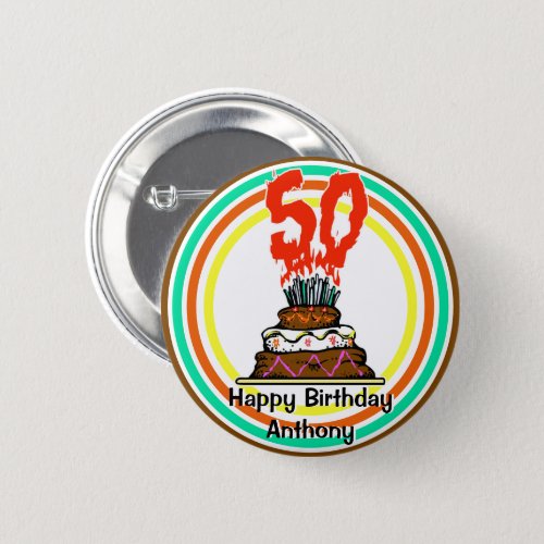 Birthday Cake on Fire with 50 Candles Button