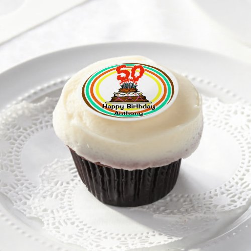 Birthday Cake on Fire with 50 Candles Edible Frosting Rounds