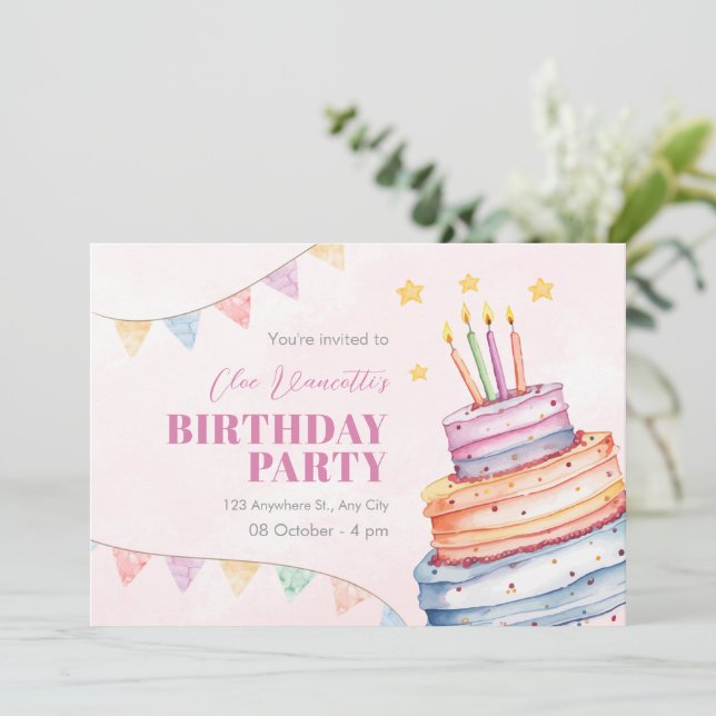 Birthday cake pastel colors invitation (Standing Front)