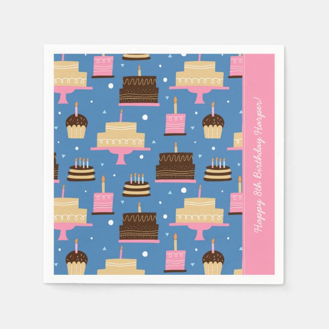 Birthday Cake Pattern Custom Name + Greeting Napkins (Front)