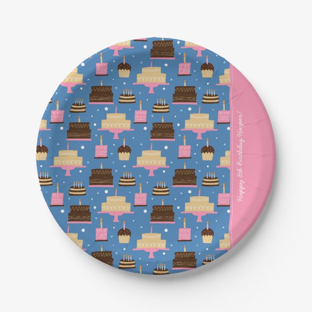 Birthday Cake Pattern Custom Name + Greeting Paper Plates (Front)