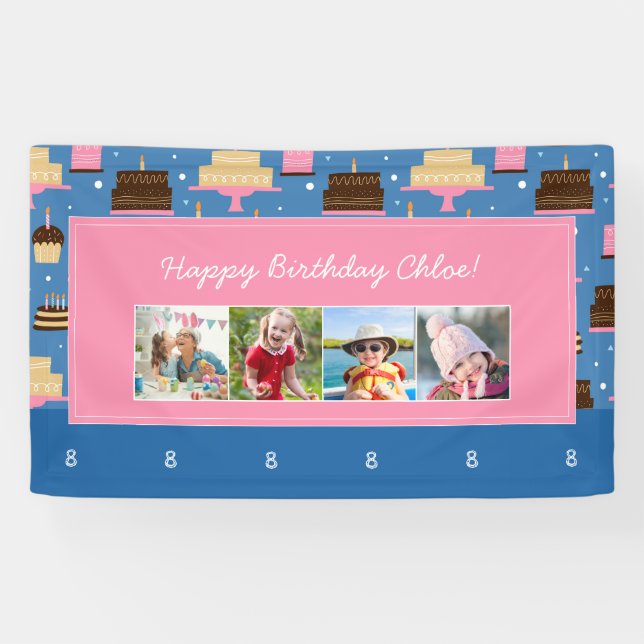 Birthday Cake Pattern Custom Name + Greeting Photo Banner (Horizontal)