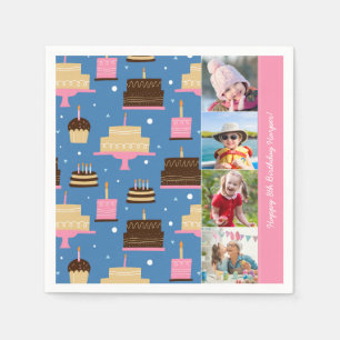 Birthday Cake Pattern Custom Name + Greeting Photo Napkins
