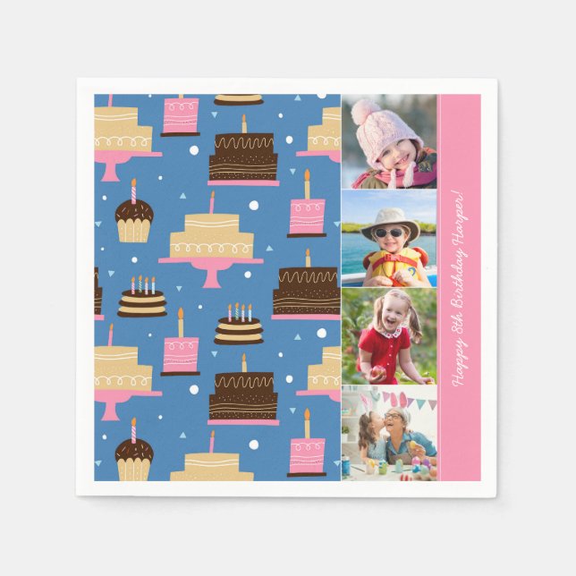 Birthday Cake Pattern Custom Name + Greeting Photo Napkins (Front)
