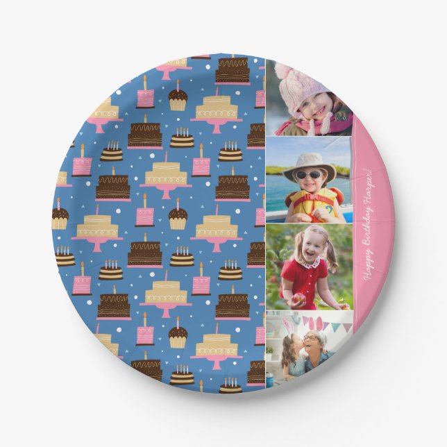 Birthday Cake Pattern Custom Name + Greeting Photo Paper Plates (Front)