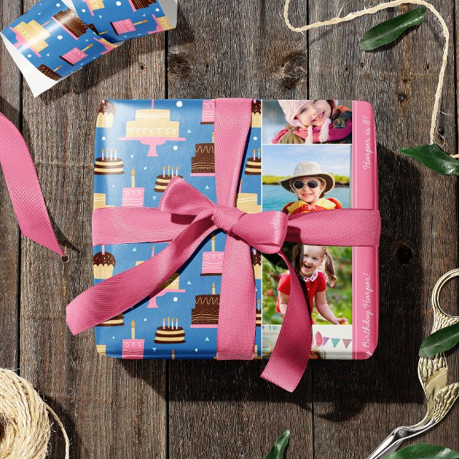 Birthday Cake Pattern Custom Name + Greeting Photo Wrapping Paper (Creator Uploaded)