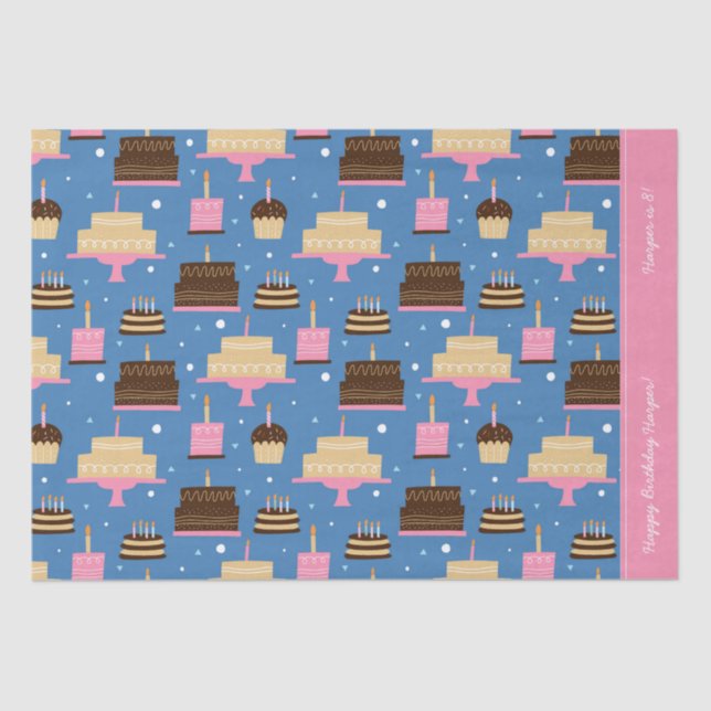 Birthday Cake Pattern Custom Name + Greeting Tissue Paper (Front)