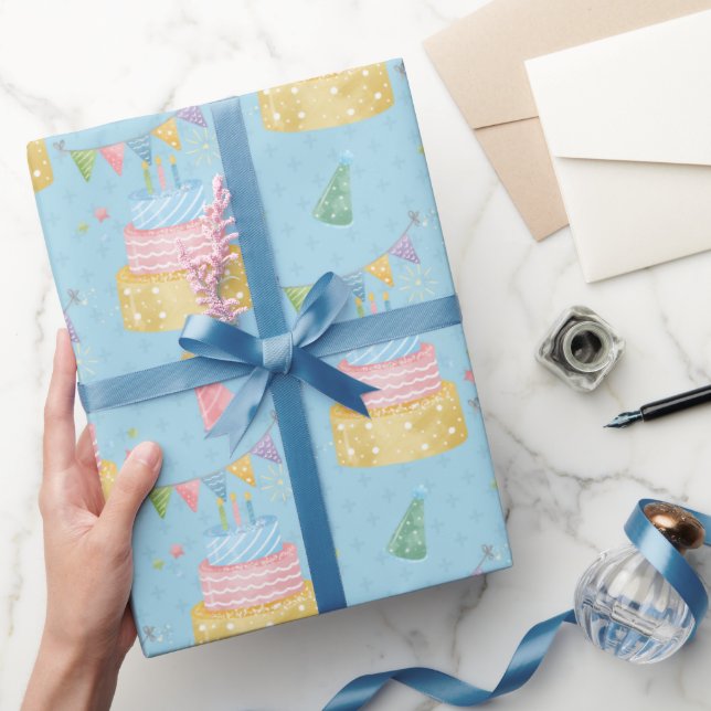 Birthday Cake Pink Gold Blue Party Cap  Wrapping Paper (Gifting)