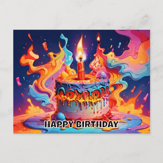 birthday cake pshchedelic colors birthday postcard (Front)