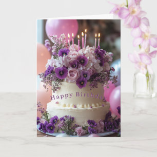 Birthday Cake Purple Pansies Hydrangea Birthday Card