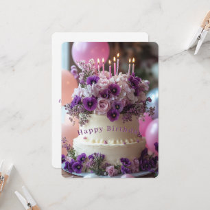 Birthday Cake Purple Pansies Hydrangea Birthday Card