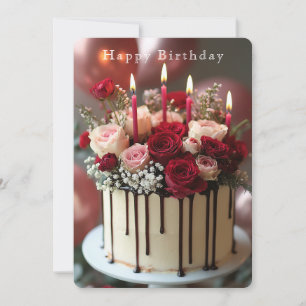  Birthday Cake Red & Pink Roses Red Candles  Card