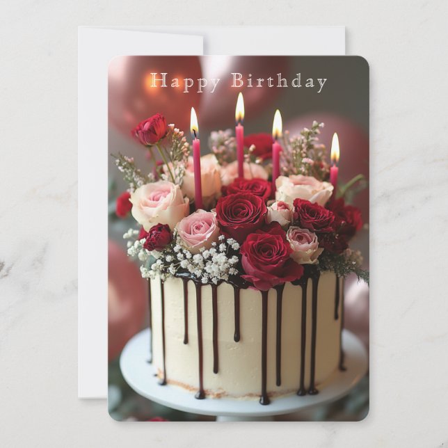  Birthday Cake Red & Pink Roses Red Candles  Card (Front)