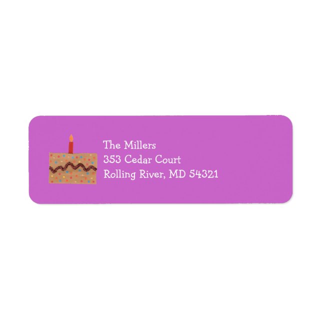 Birthday cake return address label -- purple (Front)