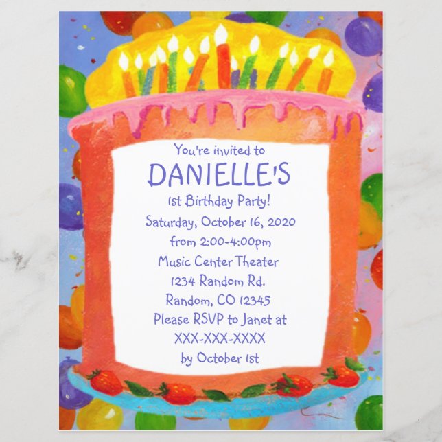 Birthday cake theme birthday party invitations (Front)