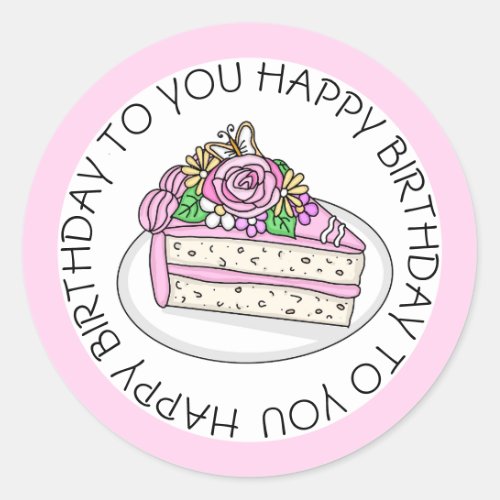 Birthday Cake topped with Roses and Flowers   Classic Round Sticker