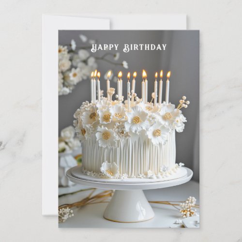 Birthday Cake White  Gold  Flowers Candles Card