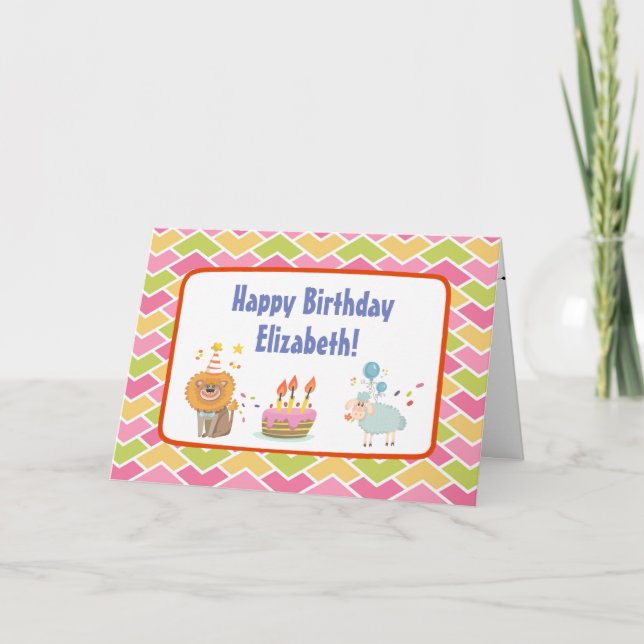 Birthday Cake with Party Lion and Balloon Sheep Card (Front)