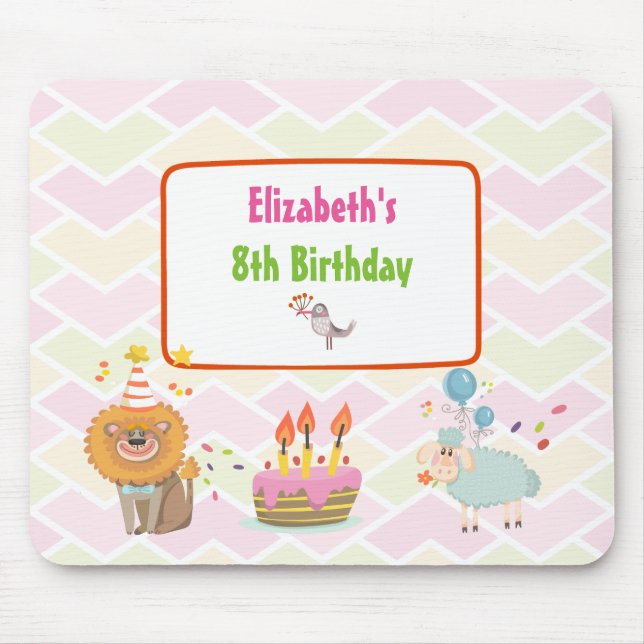 Birthday Cake with Party Lion and Balloon Sheep Mouse Pad (Front)