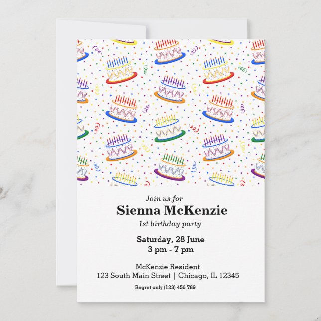 Birthday cakes confetti rainbow invitation (Front)