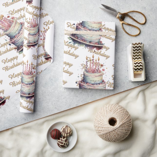 Birthday Cakes Gold Script Wrapping Paper (Crafts)