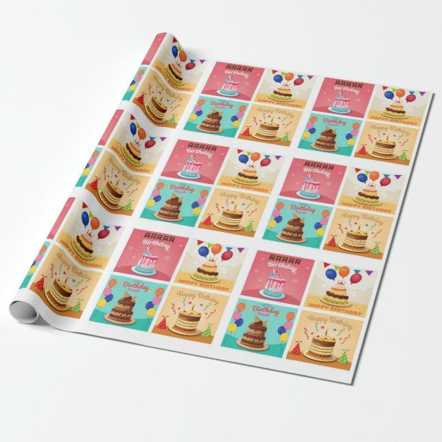 Birthday Cakes Pattern Wrapping Paper (Unrolled)
