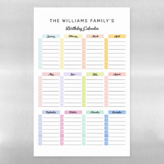 Birthday Calendar Dry Erase Magnetic Sheet