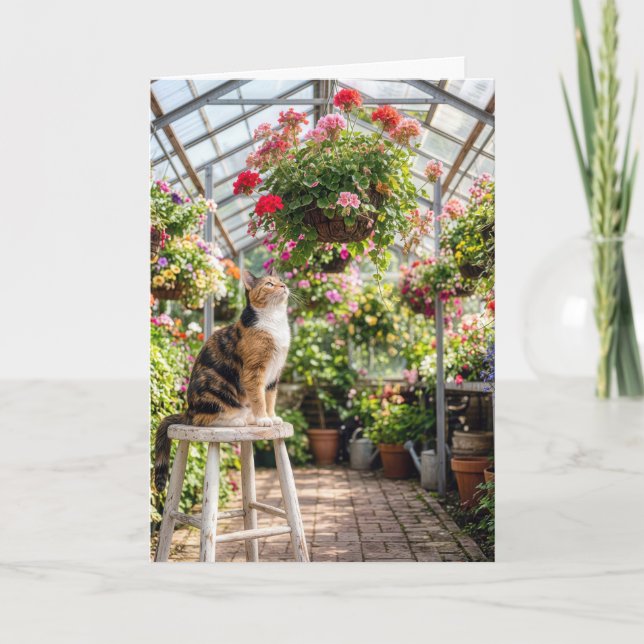 Birthday Calico Cat on a Greenhouse Stool Card (Front)