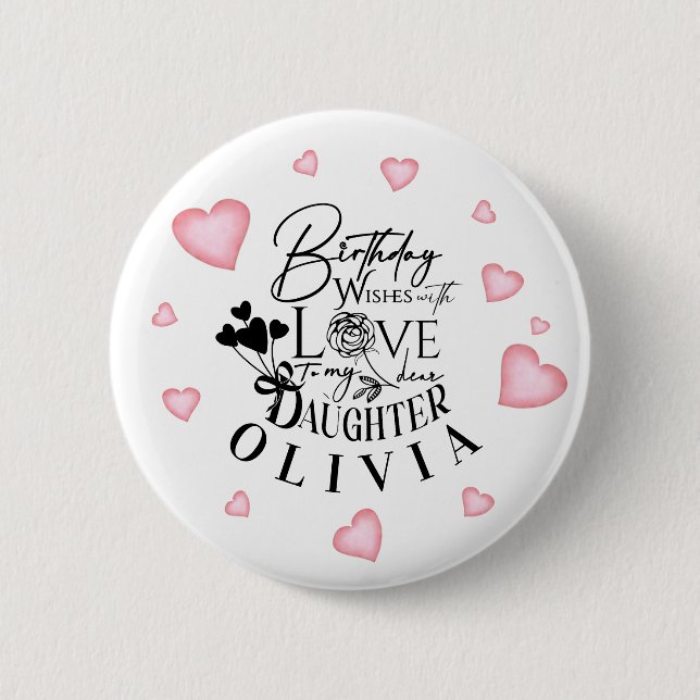 Birthday Calligraphy Custom Name Minimalist Hearts Button (Front)