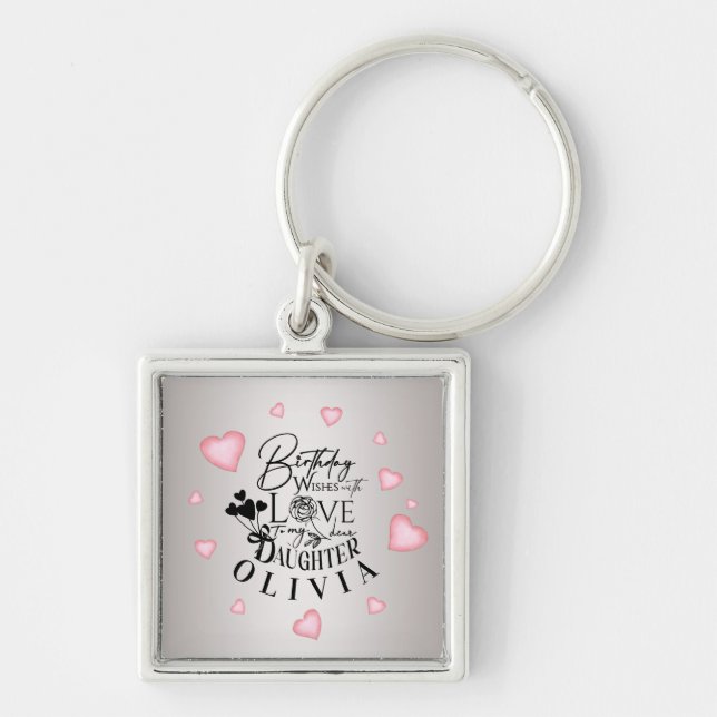 Birthday Calligraphy Custom Name Minimalist Hearts Keychain (Front)