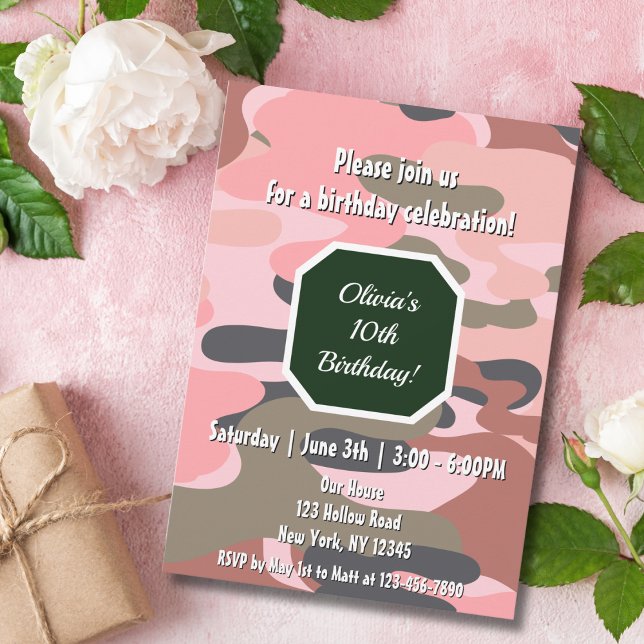 Birthday Camouflage Pink Green Cute Girl  Invitation (Creator Uploaded)