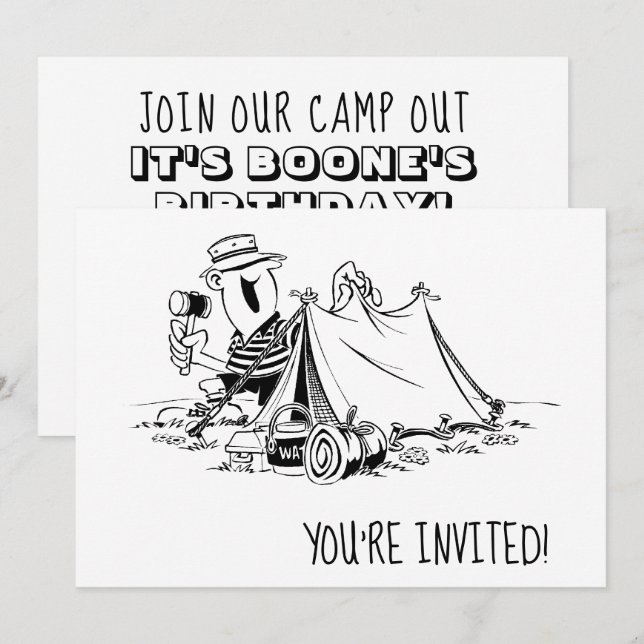 Birthday Camp Out Camping Party Black and White Invitation (Front/Back)