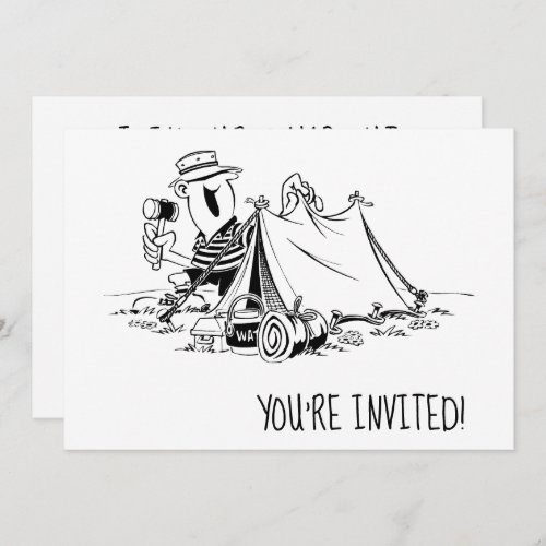 Birthday Camp Out Camping Party Black and White Invitation