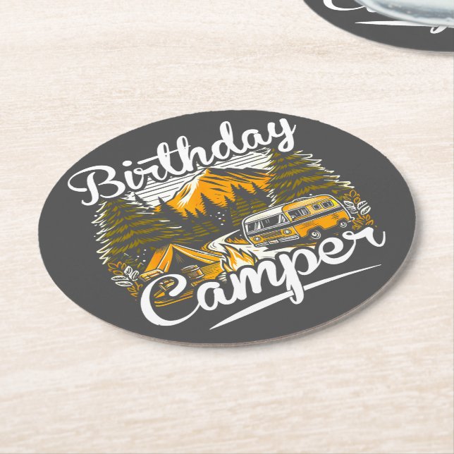 Birthday Camper Camping Camper Lover Round Paper Coaster (Angled)