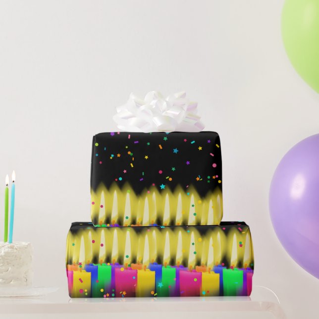 Birthday Candles and Confetti on Black  Wrapping Paper (Party Gifts)