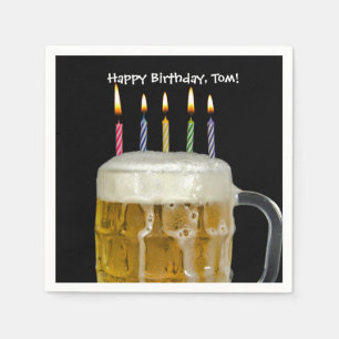 birthday candles in beer mug napkins