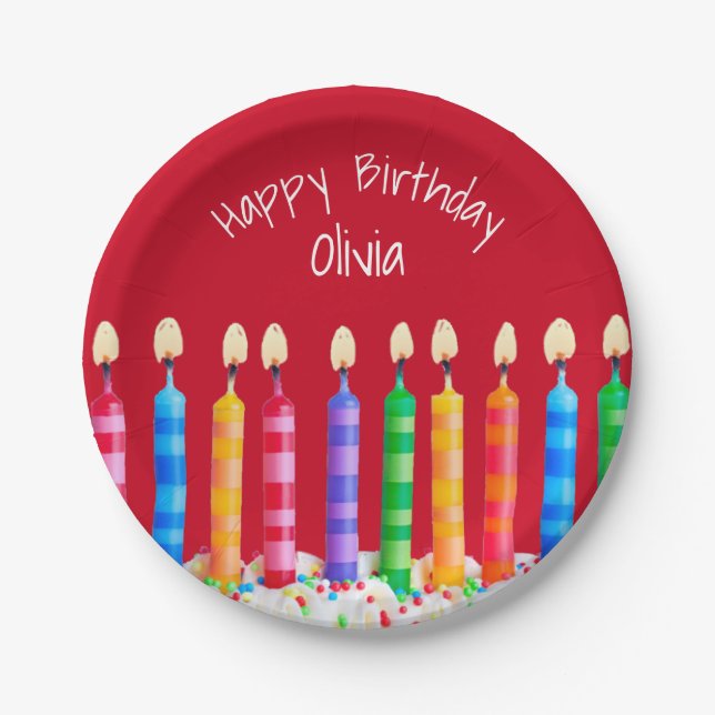 Birthday Candles on Red with Name Paper Plate (Front)