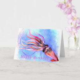 Birthday Card Beautiful Colorful Squid Swimming