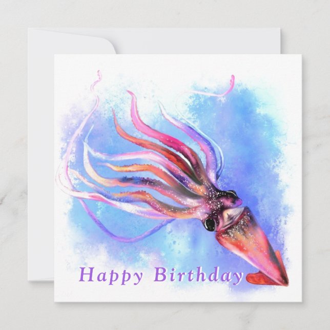 Birthday Card Beautiful Colors Squid Swimming (Front)