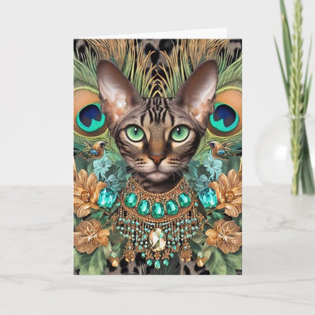 Birthday Card Bengal Tiger Cat Peacock Feathers (Front)