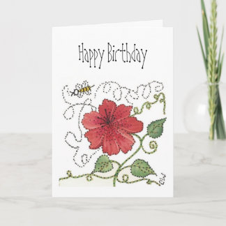 Birthday Card, Bumble Bee and Red Hibiscus Card