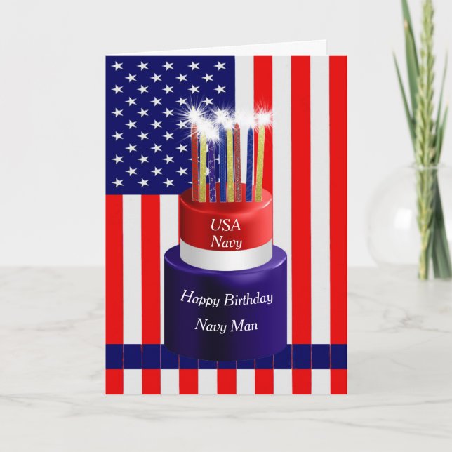 Birthday Card Cake & Flag for Navy Military Man (Front)