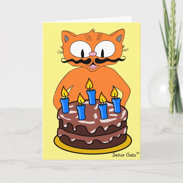 Birthday Card Cartoon Cat Mustache Funny Pun (Front)