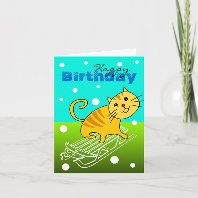 Birthday Card Cat On Sledge (Front)