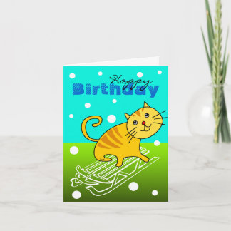 Birthday Card Cat On Sledge